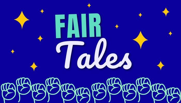 Header Image showing fists in the air on a blue background. Fair Tales in writing